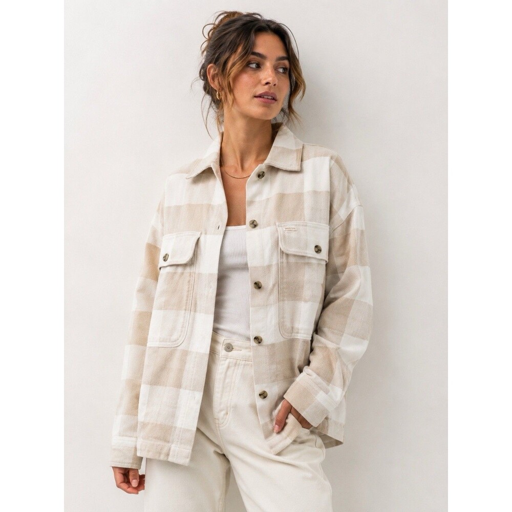 Brixton Women’s Bowery Flannel Cream Beige Buffalo Plaid Shirt Jacket Size L